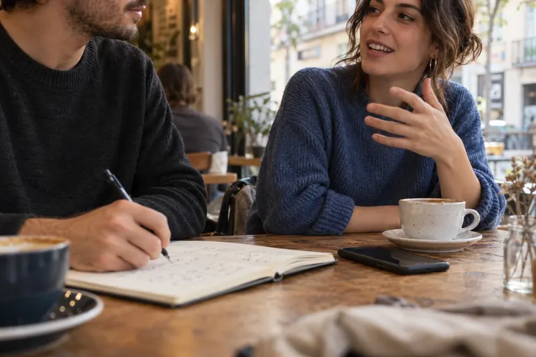 Dos amigos conversan en una cafetería con un cuaderno sobre la mesa