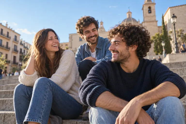 Tres amigos conversan al sol en unas escaleras de ciudad