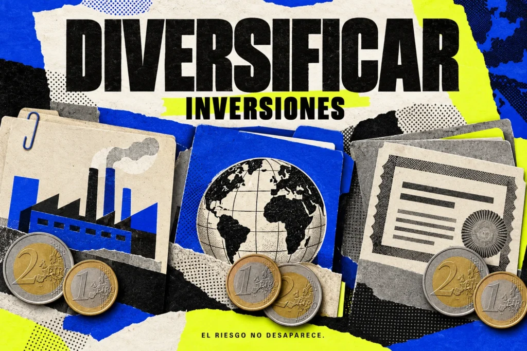 Tres carpetas de inversión con industria, mundo y un documento financiero, monedas repartidas y el aviso El riesgo no desaparece.