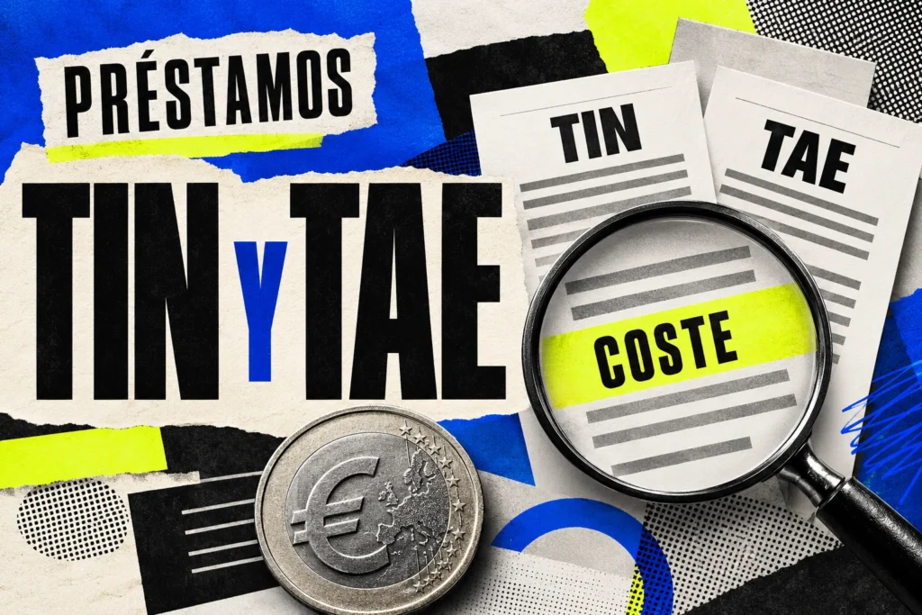 Collage de préstamos con documentos TIN y TAE y una lupa sobre el coste.