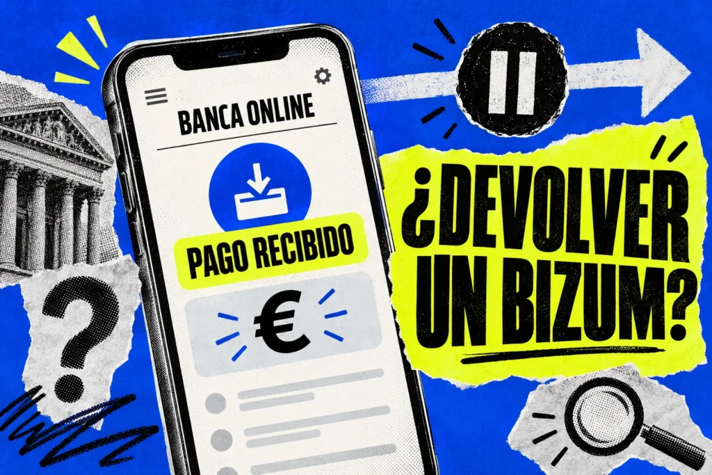 Collage de banca online con un pago recibido, símbolo de pausa y la pregunta ¿Devolver un Bizum?, para comprobar antes de enviar dinero.