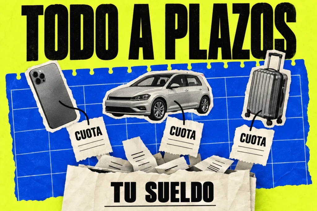 Móvil, coche y maleta conectados a recibos de cuotas sobre un calendario; texto Todo a plazos y Tu sueldo.