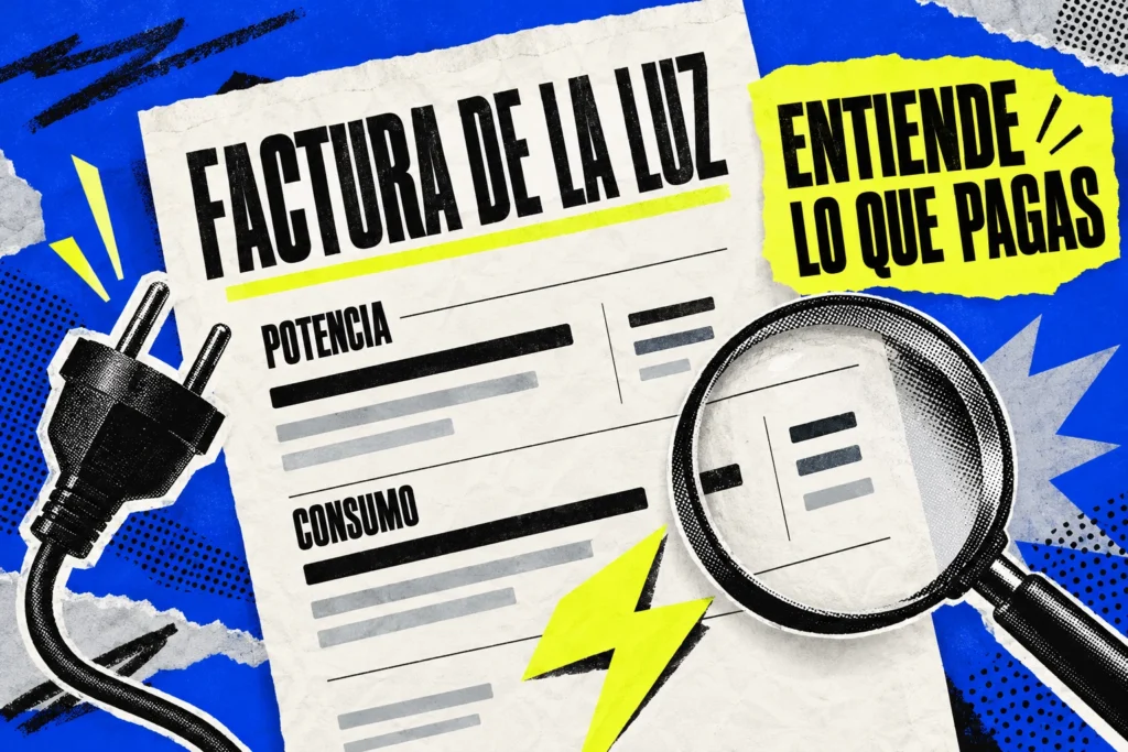 Collage de factura de la luz con potencia, consumo, un enchufe y una lupa; texto Entiende lo que pagas.