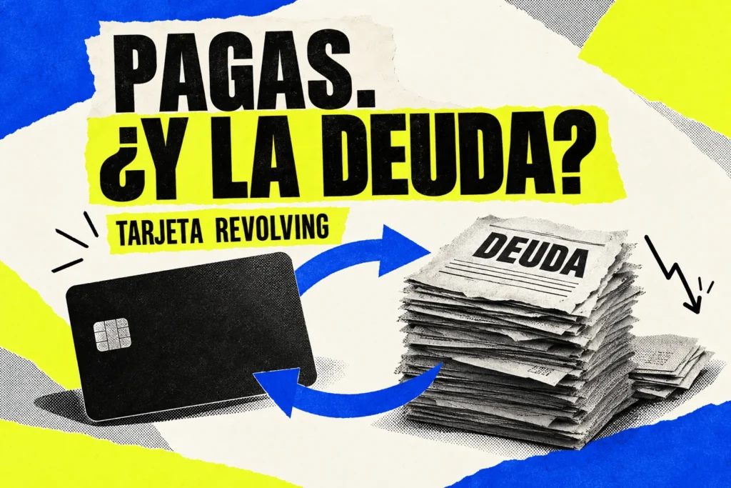 Tarjeta sin datos y documentos de deuda unidos por flechas circulares; texto Pagas. ¿Y la deuda? Tarjeta revolving.