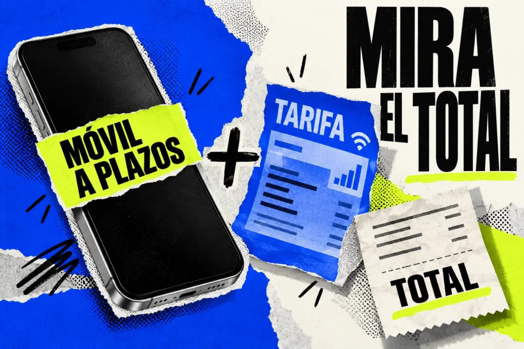 Collage de un móvil a plazos, una factura de tarifa y un recibo total; texto Mira el total.