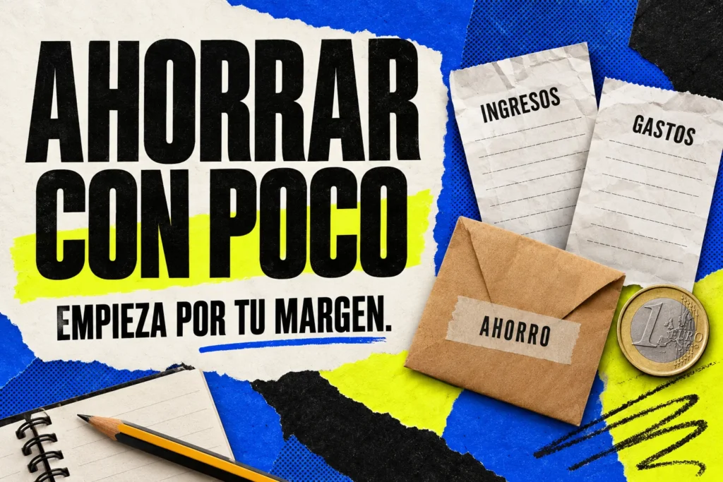 Ahorrar con poco: recibos de ingresos y gastos junto a un sobre de ahorro y una moneda de euro.
