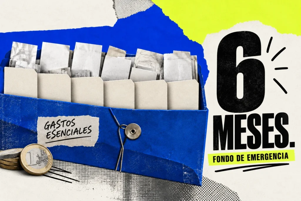 Archivador de gastos esenciales con seis separadores; texto Seis meses, fondo de emergencia.