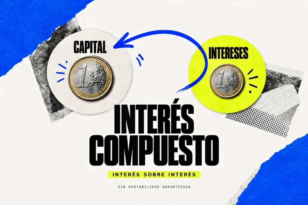 Interés compuesto: dos monedas representan capital e intereses unidos por una flecha de reinversión; sin rentabilidad garantizada.