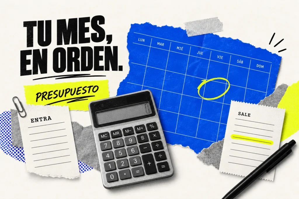 Collage sobre presupuesto mensual con calendario, calculadora y recibos de entradas y salidas; texto Tu mes, en orden.