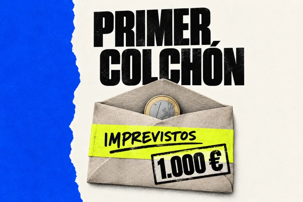 Sobre para imprevistos con una moneda y una meta de 1.000 euros; texto Primer colchón.