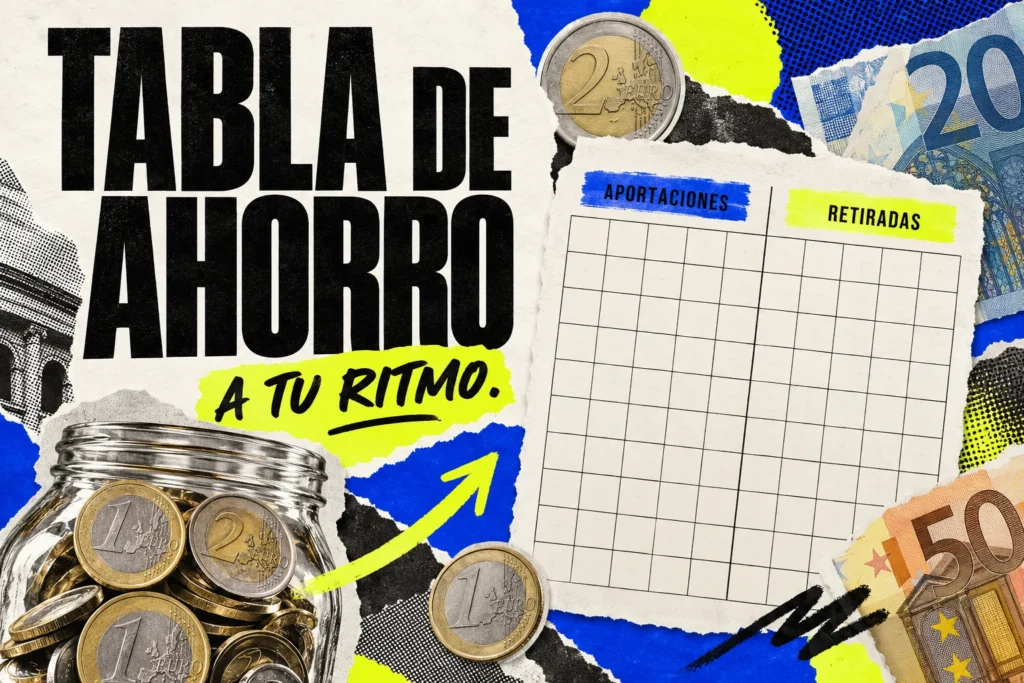 Tabla de ahorro con una cuadrícula de aportaciones y retiradas, monedas y el mensaje A tu ritmo.
